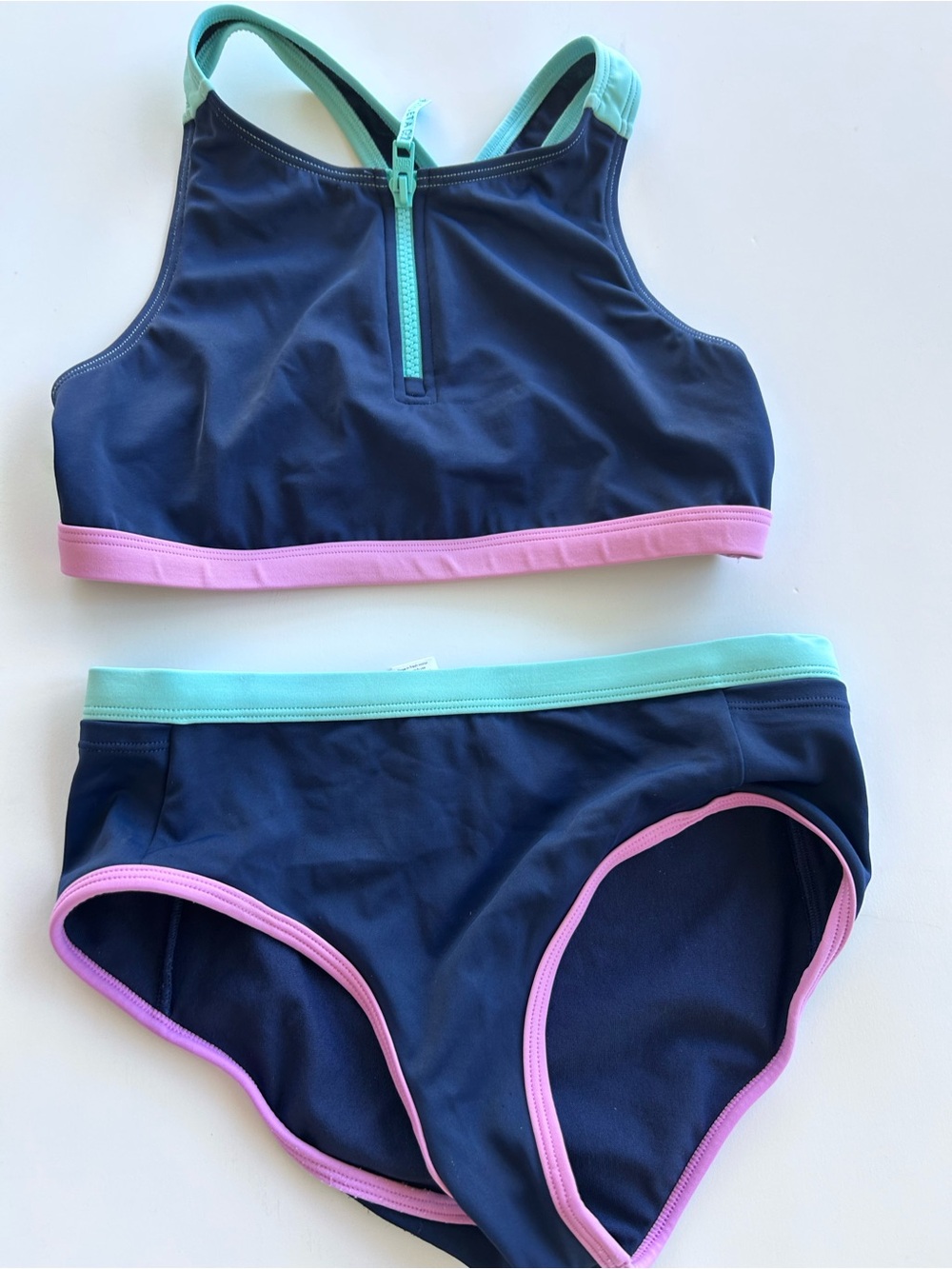 Athleta Girl xl 14 Navy Two-Piece Swim Set with Pink and Aqua Trim